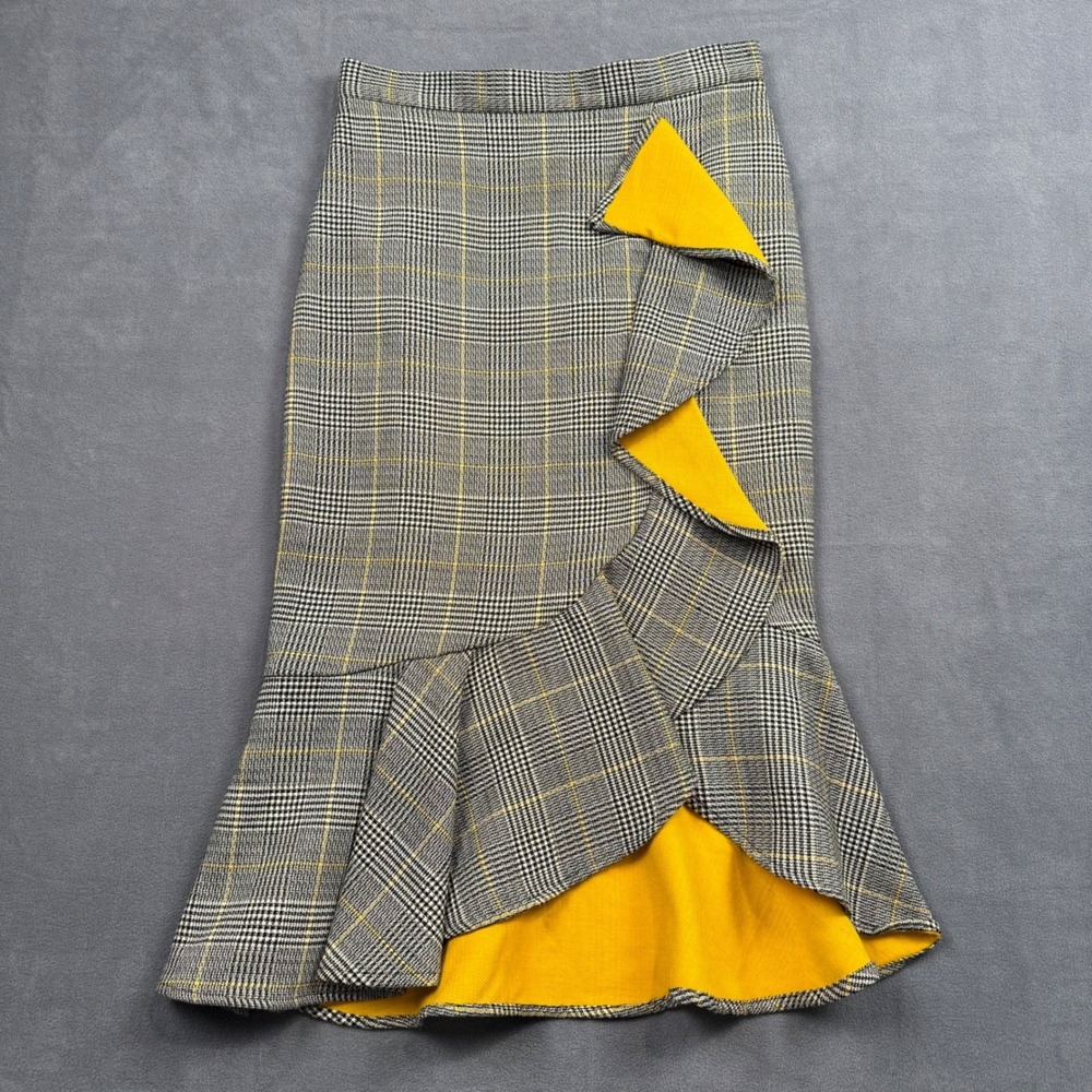 New York & Company Plaid Ruffle Mermaid Flare Skirt Grunge Y2K Academia Size 6 - Picture 2 of 13